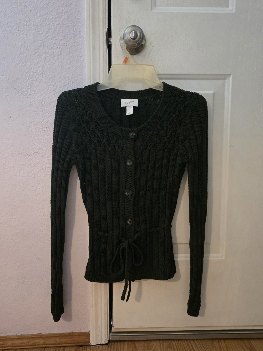 NWOT- LOFT XS Dark  Green  Ribbed Button-Front Tie-Waist Cardigan